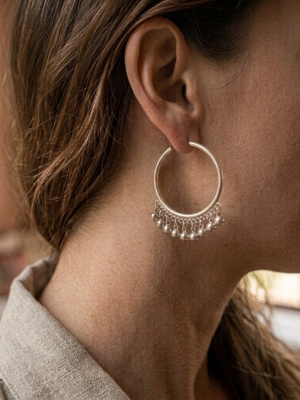 Artisan Silver Tone Hoop Earrings with Dangling Beads